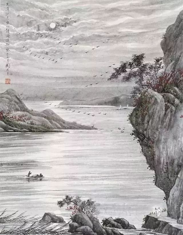 古代夜景山水画图片