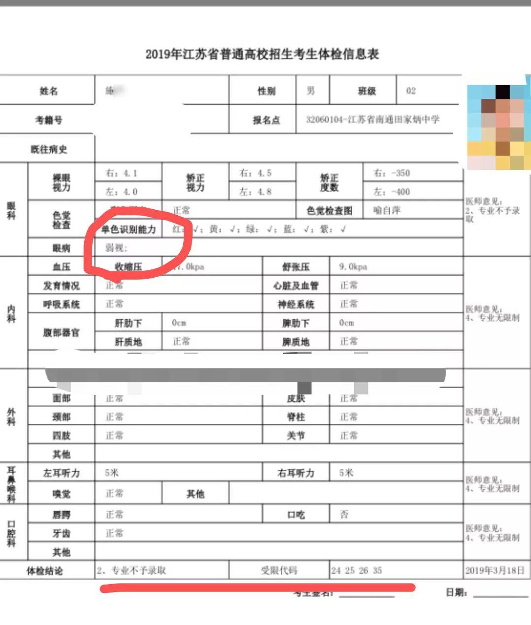 办组织的体检中获知自己"弱视",而这将影响到其高考志愿的若干专业的