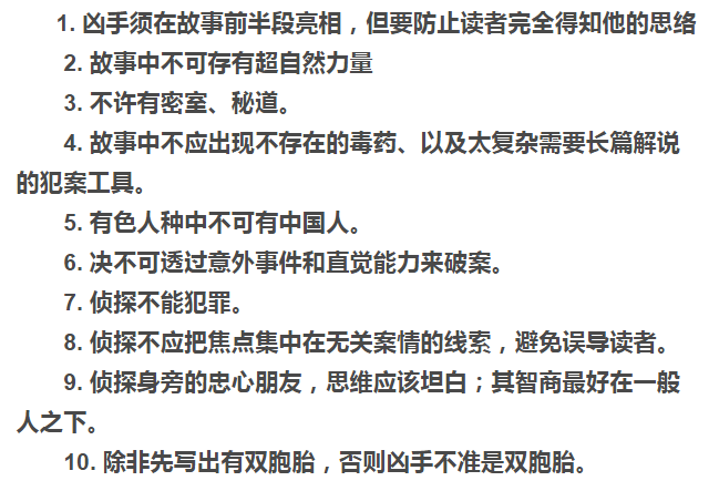 的小标题一定不会陌生,它们正是著名的推理小说十戒——"诺克斯十戒"