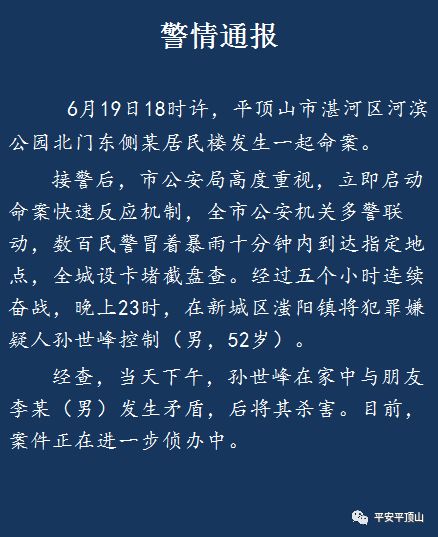 警情通报平顶山市河滨公园北门发生命案警方已抓获嫌疑人