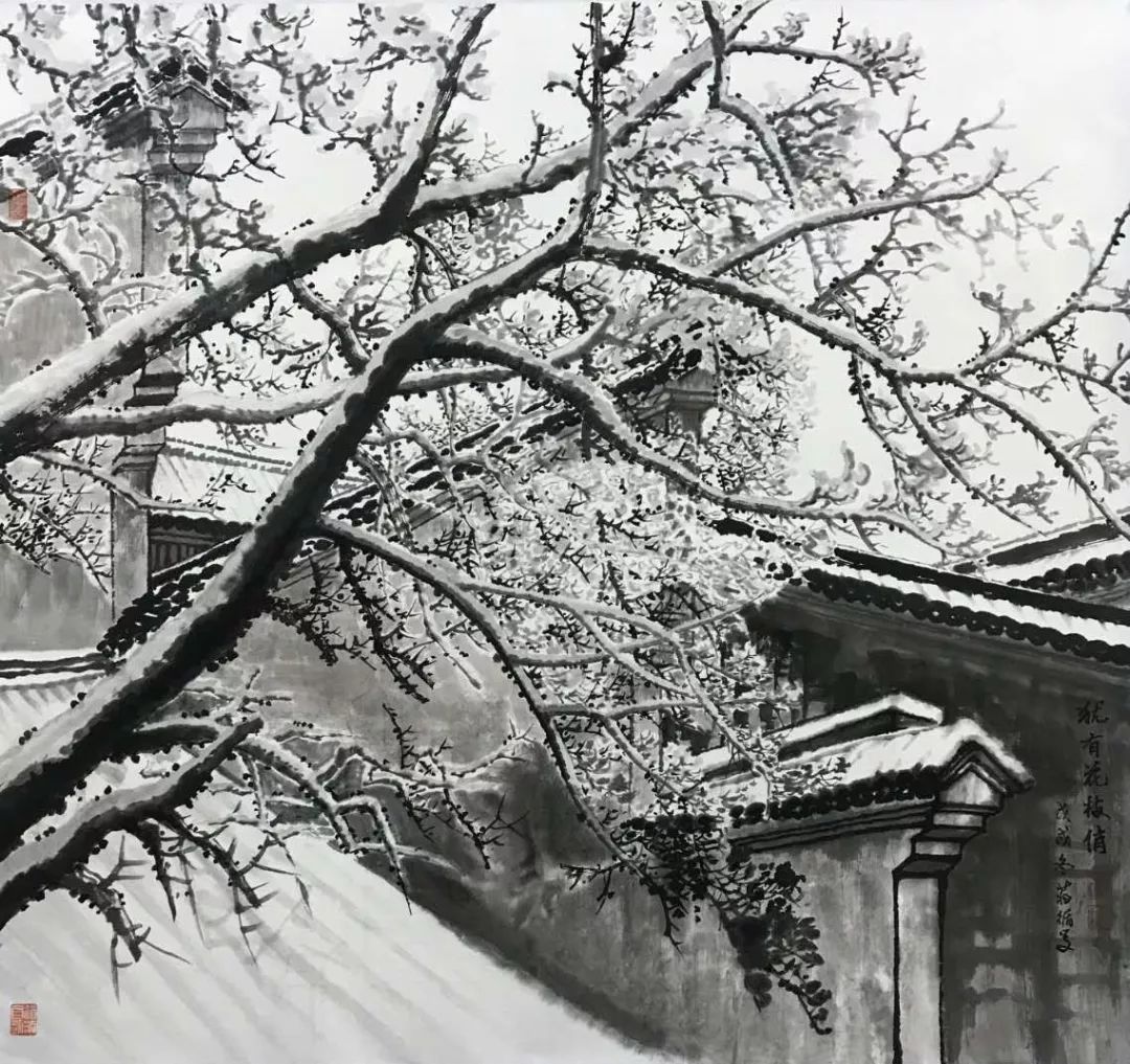 黑白雪景国画图片