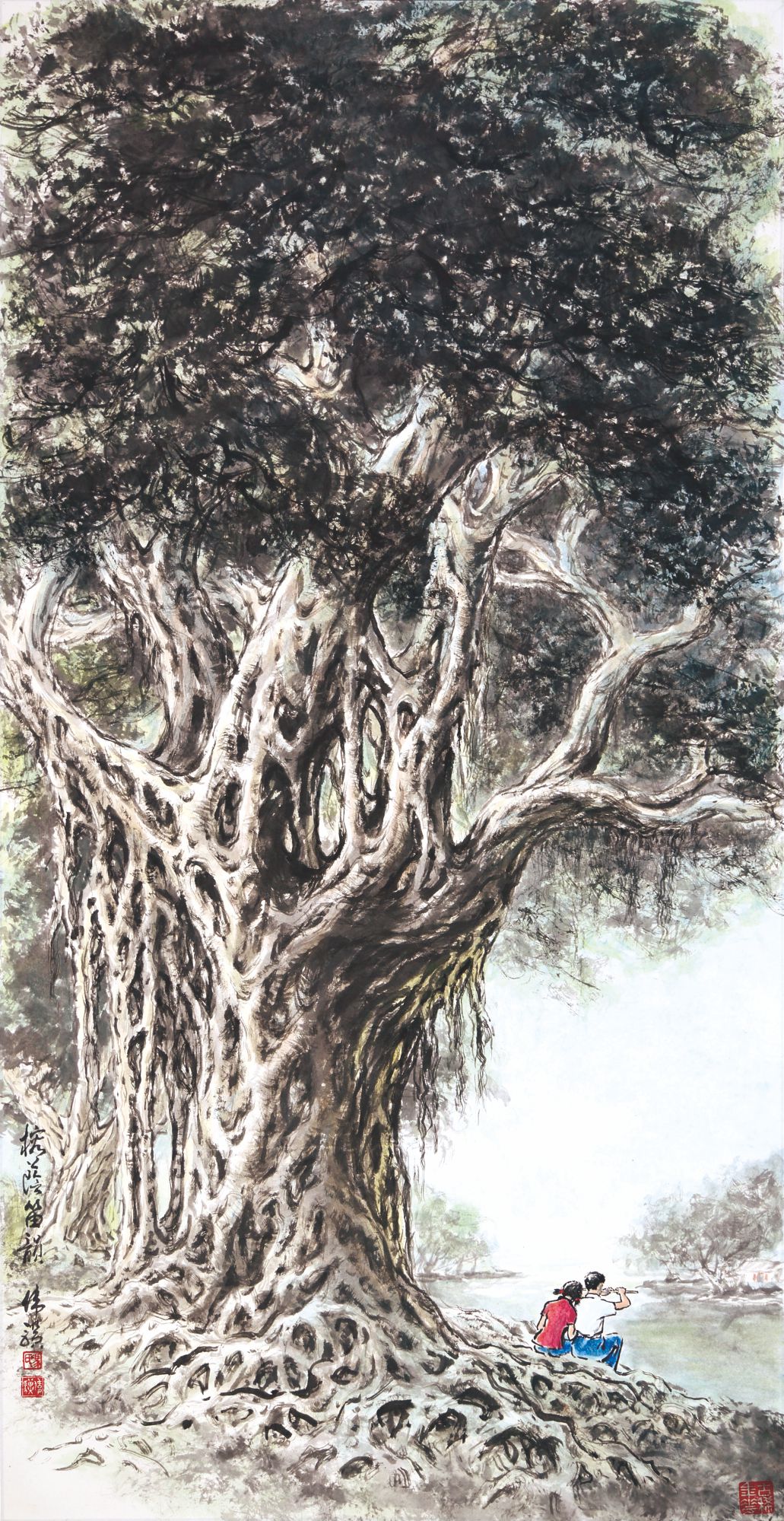 而冯公却以大幅面描绘这棵池塘边的大榕树,将榕树发达的根系,繁密复杂