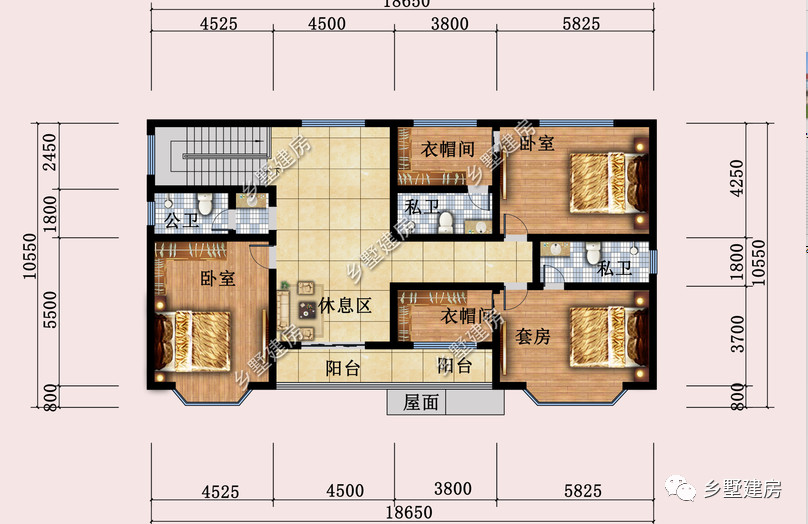 二层主要为居住层,套房的设计保证居住舒适度,不愁衣帽间和卫生间不