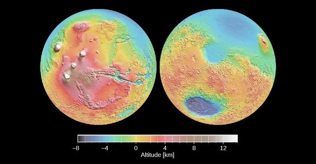 这张图片为大家展示的是来自激光测距的火星地图,由火星轨道探测器数