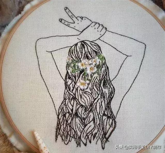 刺绣作品线条随意自然的人像背影刺绣刺绣爱好者必备技能
