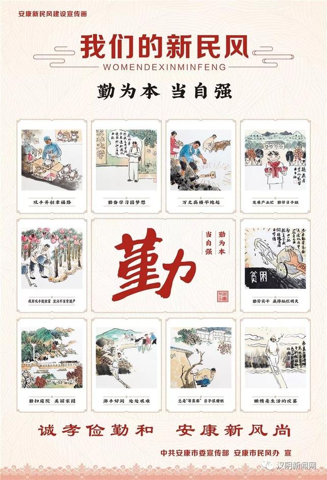 《我们的新民风》挂画以"诚孝俭勤和"为主题,一套5张,每张包括10幅