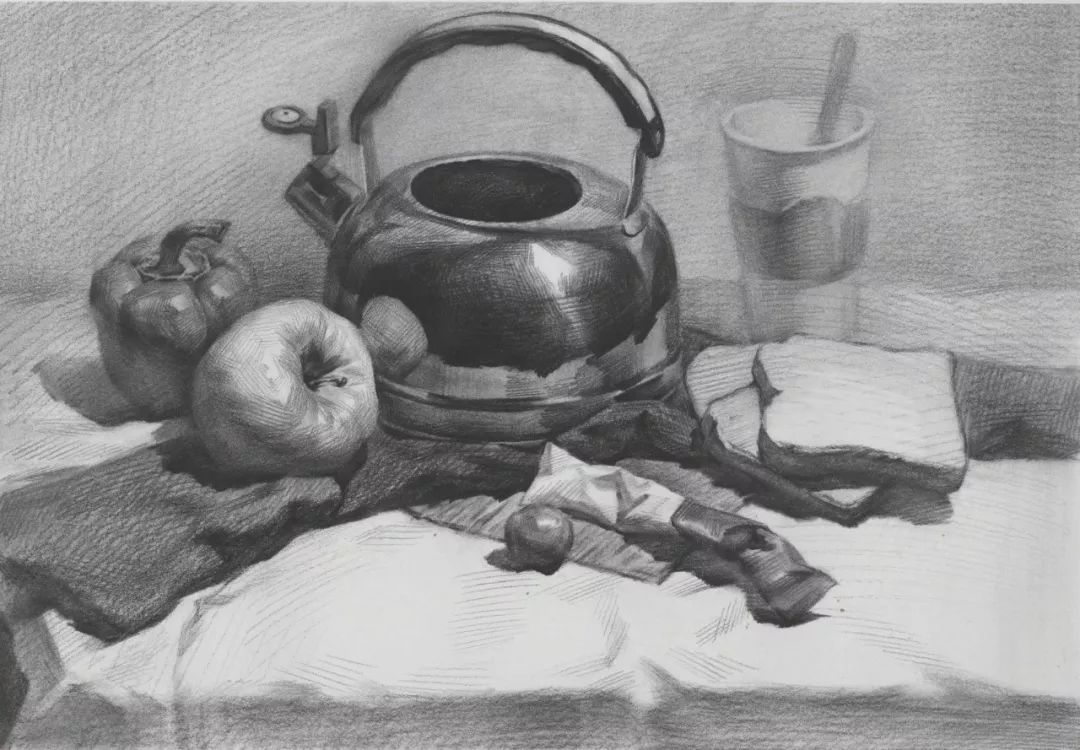 超强干货丨素描静物组合步骤详解之水壶苹果与青椒