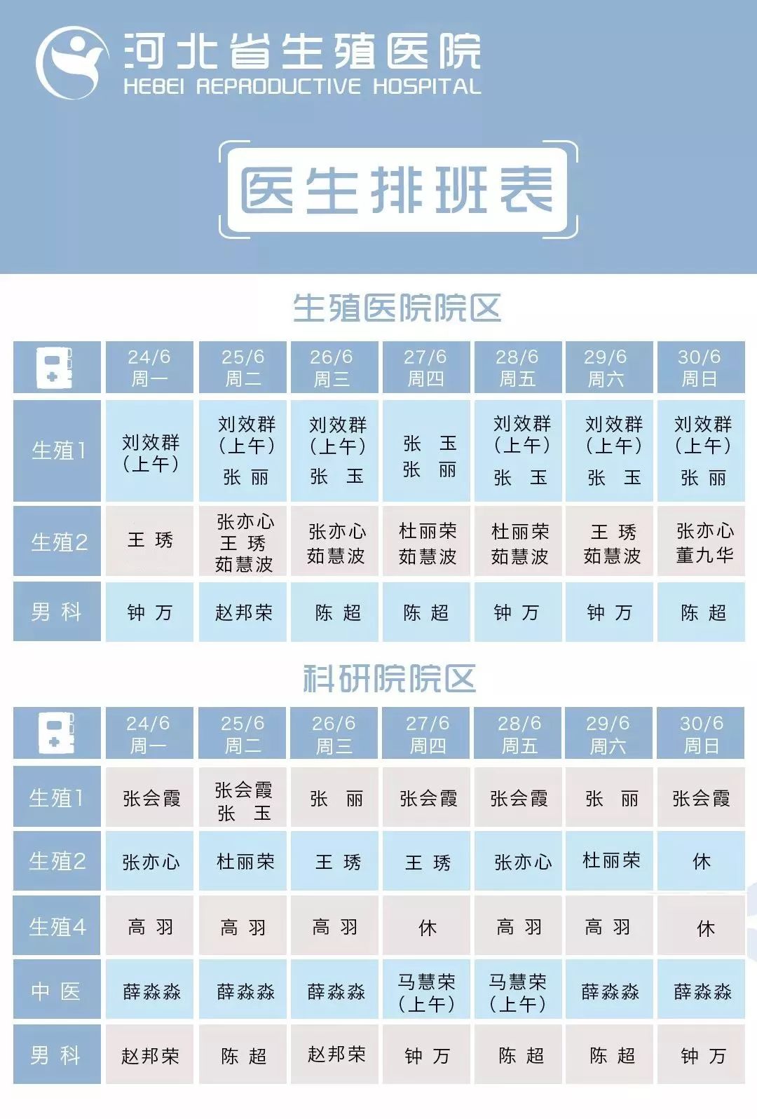 出诊一览表6月24日6月30日医生排班表