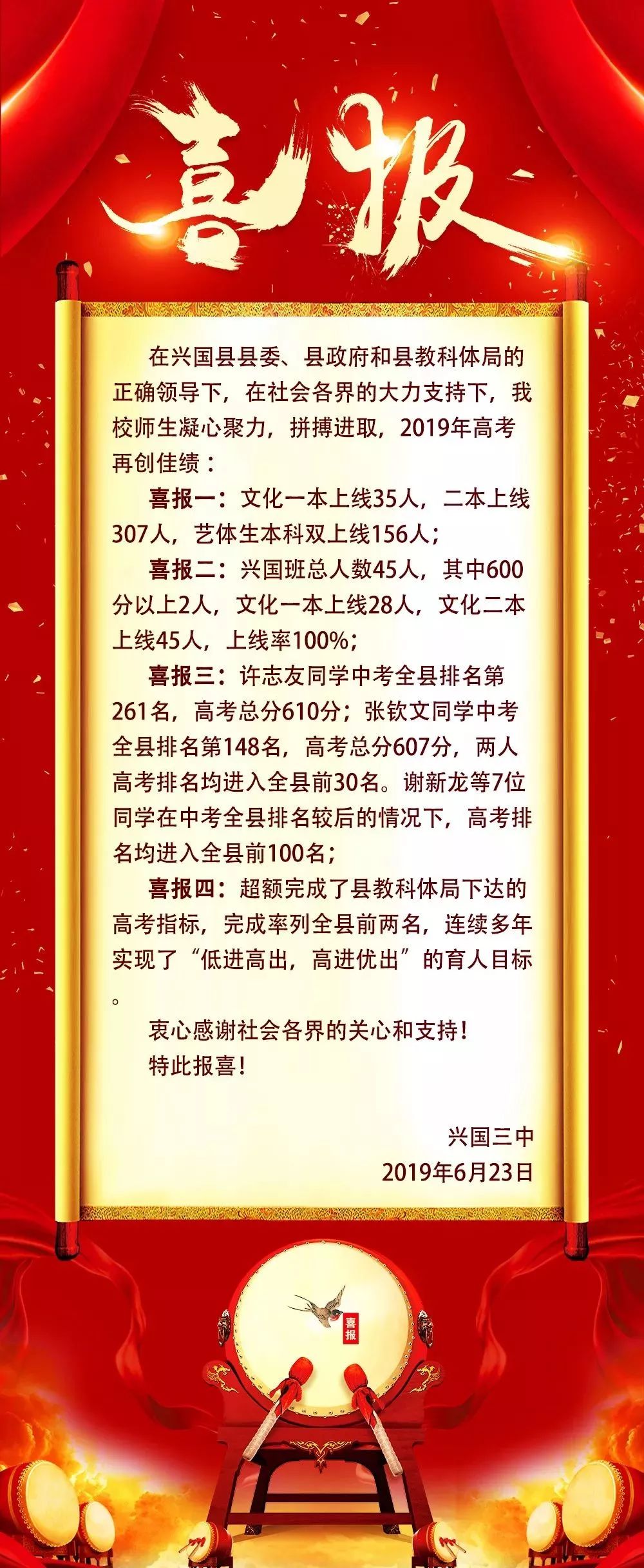兴国三中平川中学2019年6月23日兴国中学向广大兴国人民,广大校友报喜