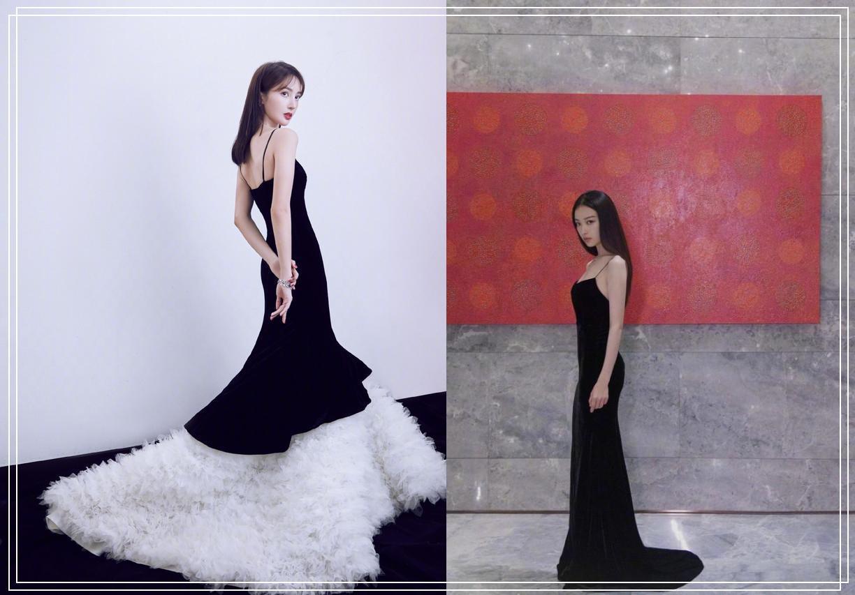 原创金晨在倪妮的黑礼服裙下缝羽毛裙摆不仅性感不减还穿出公主范