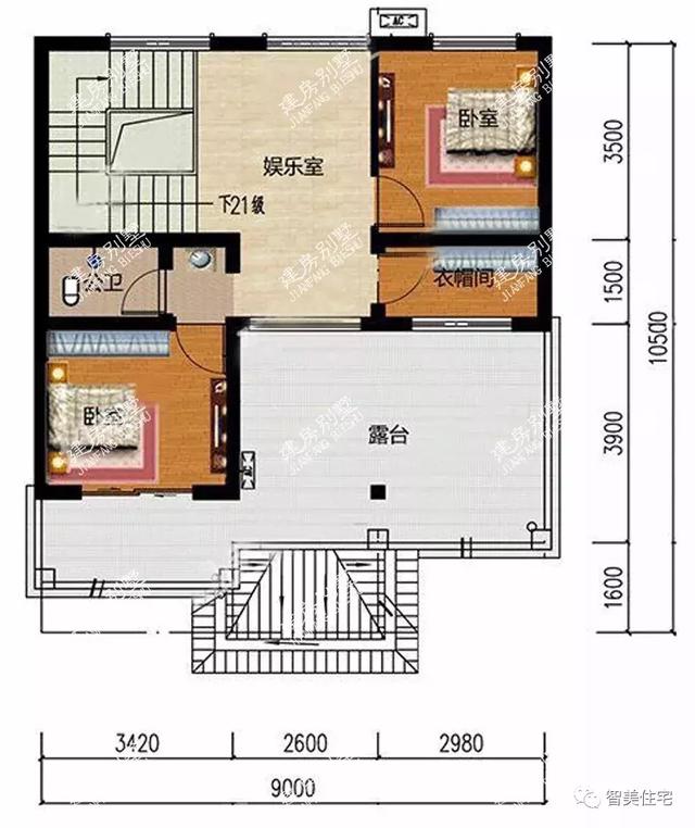 平面圖:一層設有一室兩廳一廚兩衛,配以三跑式的直角樓梯;二層設有