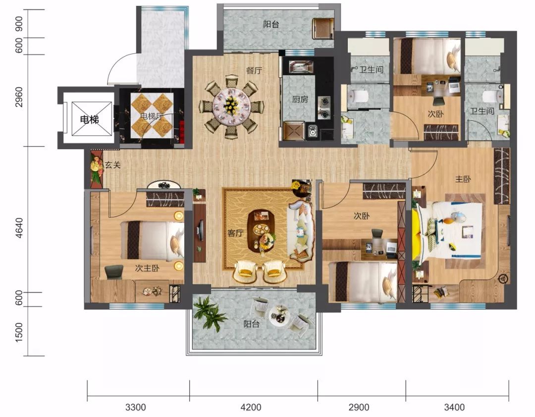 碧桂园剑桥郡129㎡户型图---171㎡四房两厅三卫户型方正,南北通透