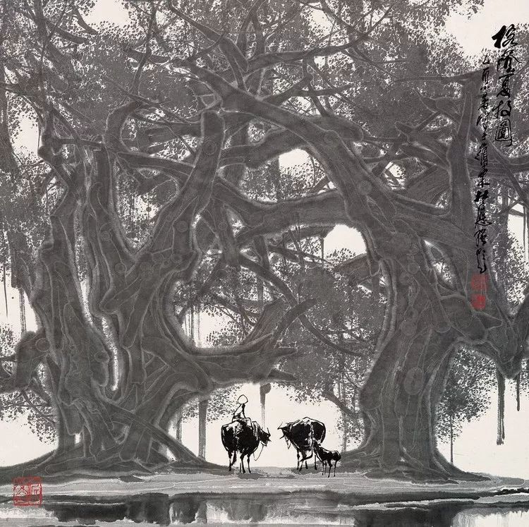 大榕树下杜应强的乡村情景水墨画85幅