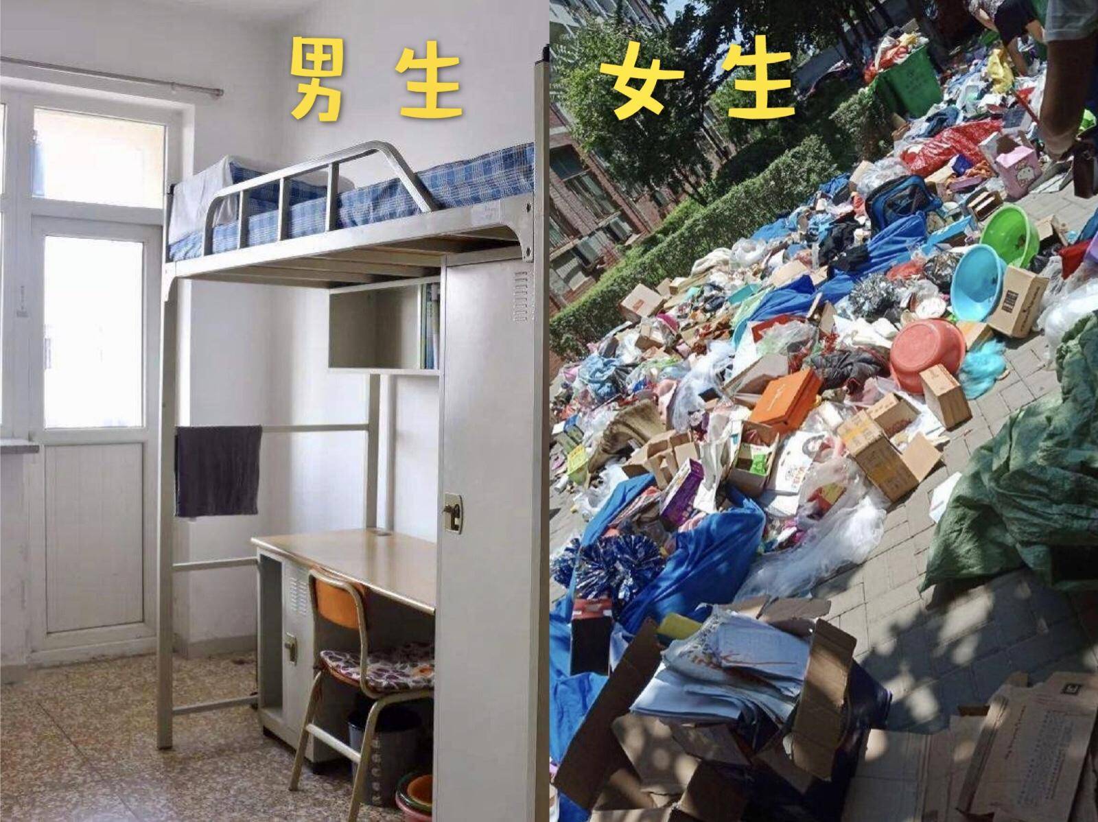 女大学生vs男大学生,毕业时宿舍对比照,网友:画面过于真实!