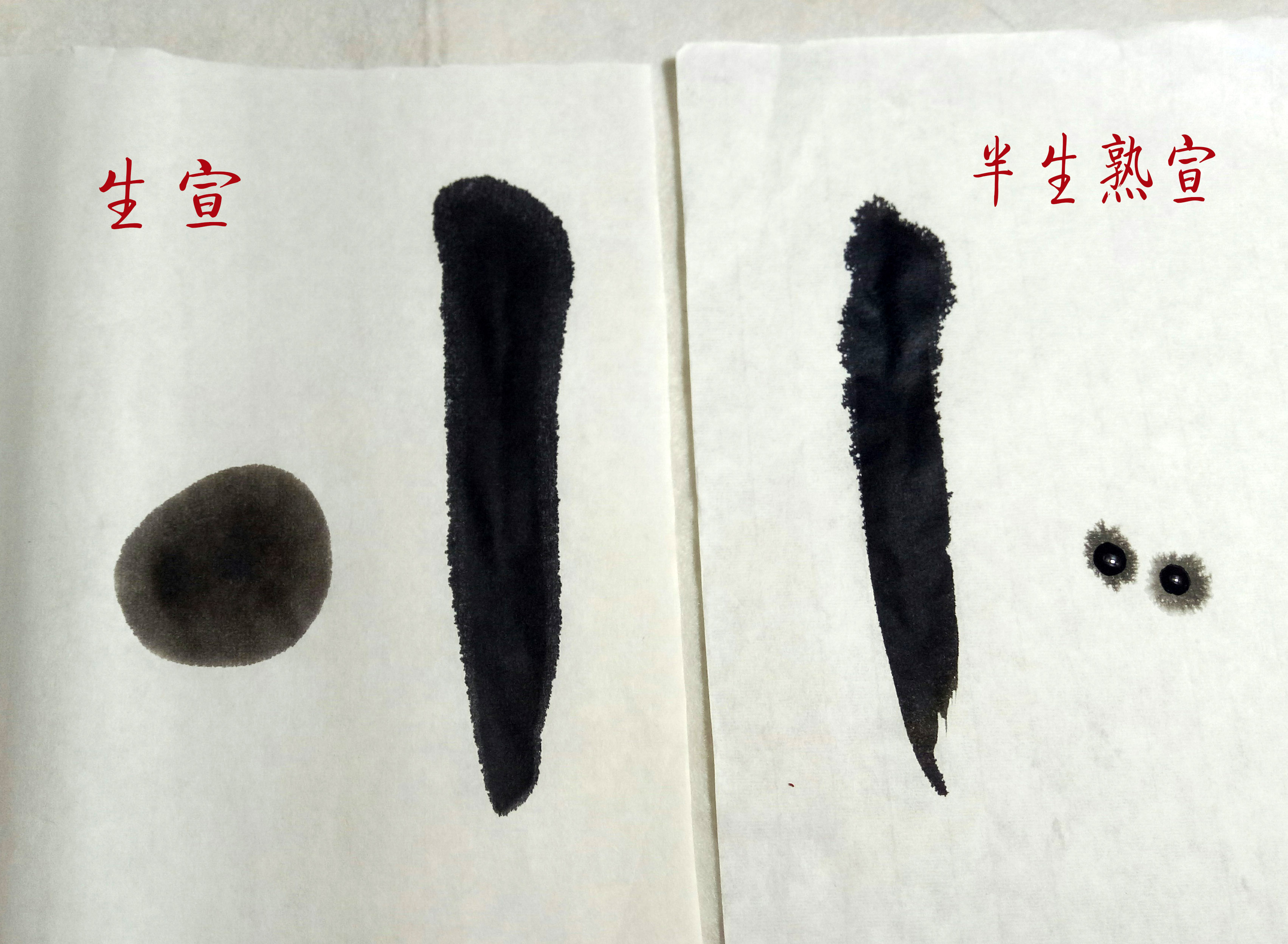 (一),纸,着重了解生宣,半生熟宣,熟宣等三种宣纸的渗化特性.