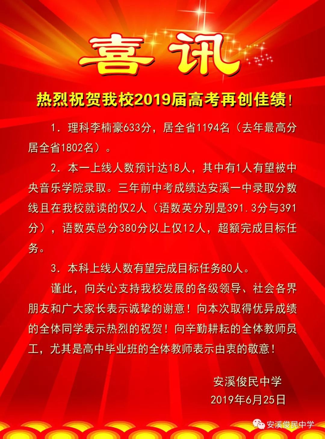 6.25福建省安溪恆興中學在此,謹向考生及家長表示祝賀!