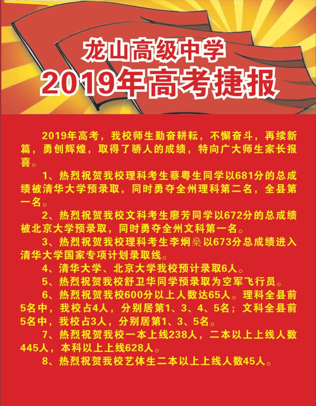 聚焦湖南省高考分数昨晚公布龙山高级中学皇仓中学分别发出喜报