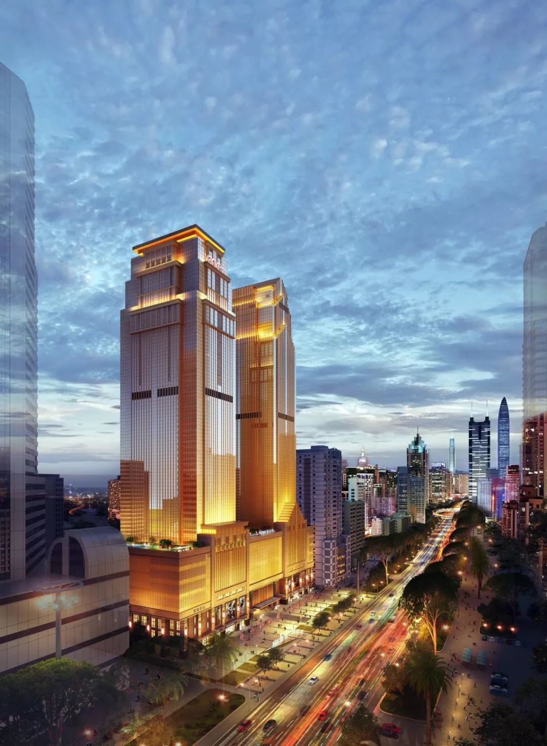 花岗石和玻璃幕墙组成底部裙楼一座是三段式塔,一座是单向尖顶金色