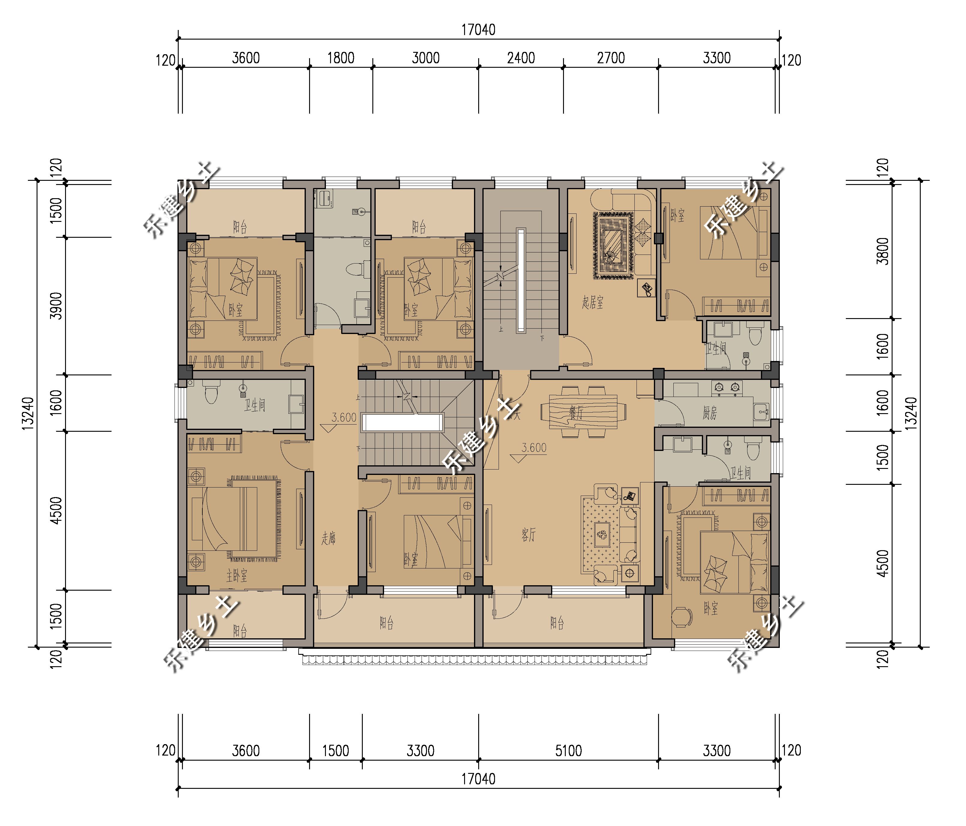 湖北赤壁三层13x17米徽派双拼别墅设计造型对称满足不同需求