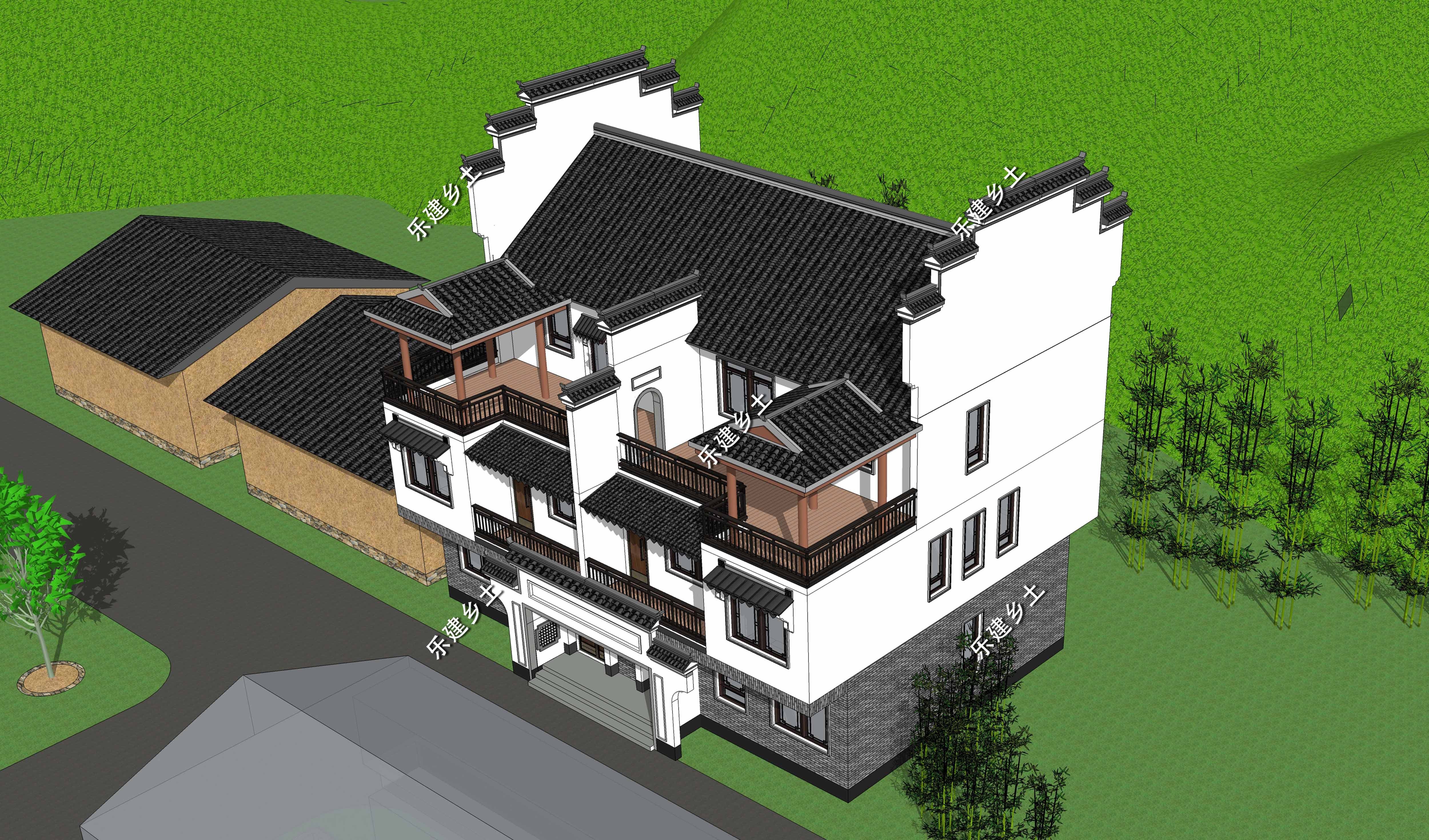 湖北赤壁三层13x17米徽派双拼别墅设计造型对称满足不同需求