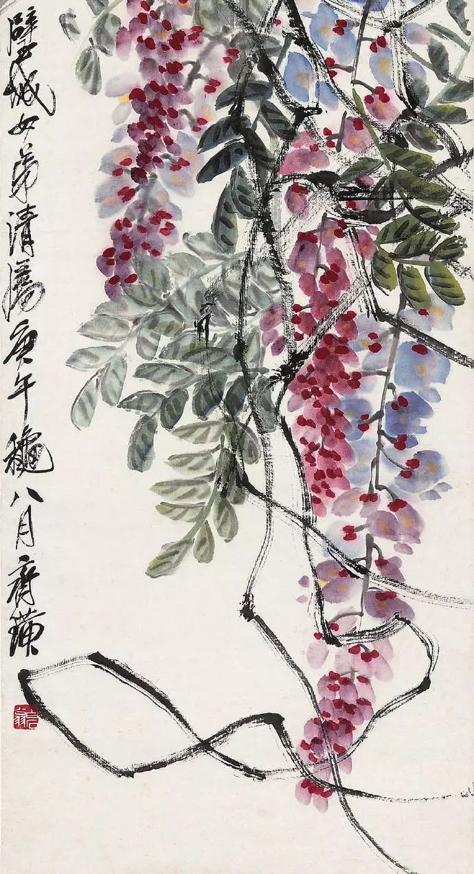 齐白石画的紫藤花画里有风