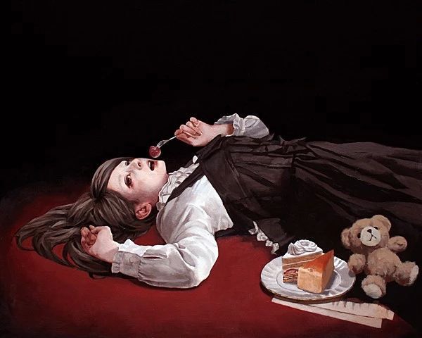 日系油画少女题材背景极黑让人感觉神秘或深邃