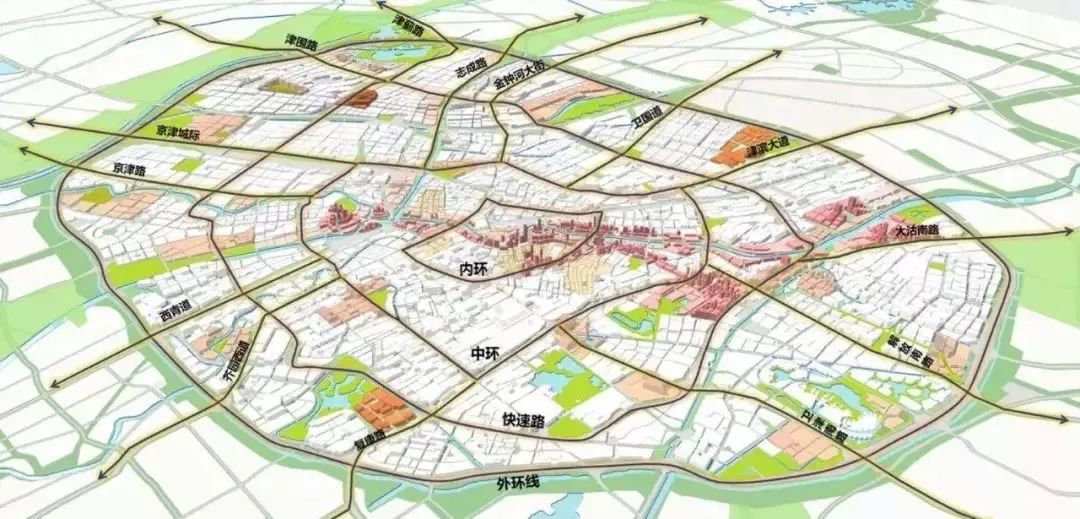 天津中心城区规划了两环十四射的快速路骨架路网,这两环就是