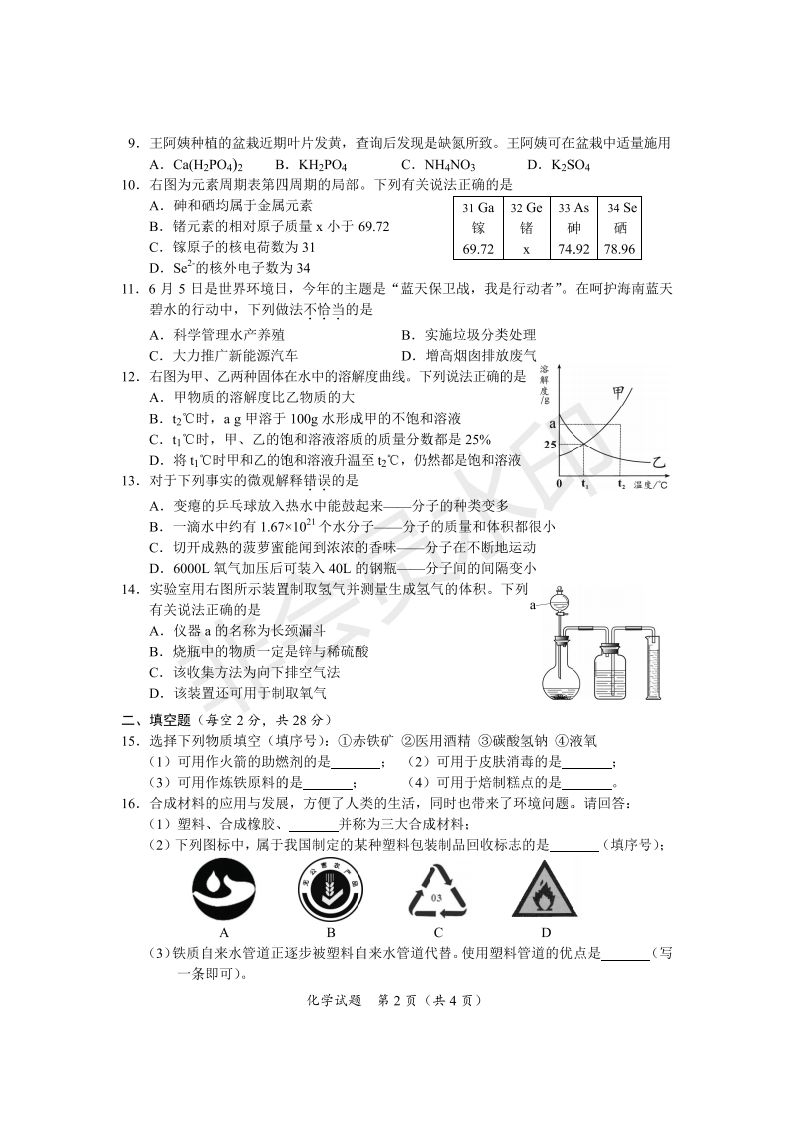 2019年中考化学试题参考答案与评分标准