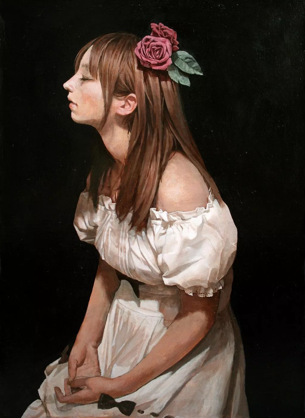 日系油画少女题材,背景极黑,让人感觉神秘或深邃!