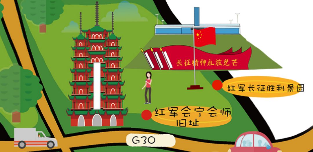 手绘地图画风清新,脱俗,内容涵盖白银区域内吃,住,行,游,购,娱六大