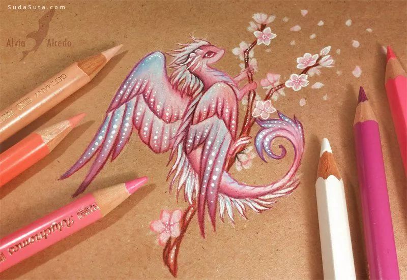 彩铅画家alvia alcedo以西方龙为主题的插画