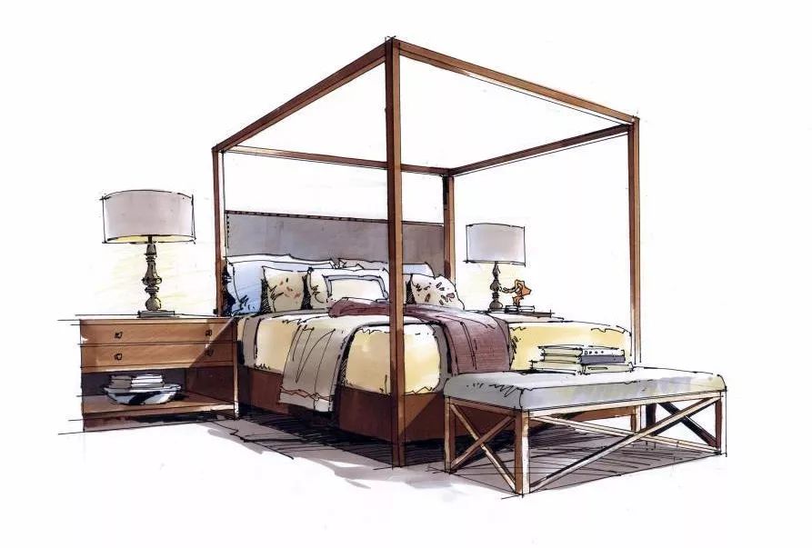 手绘新中式家具床马克笔上色步骤图