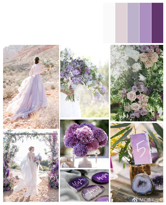 婚礼色彩搭配婚礼的色彩搭配:主色调为浪漫的淡紫色,搭配白色,配色