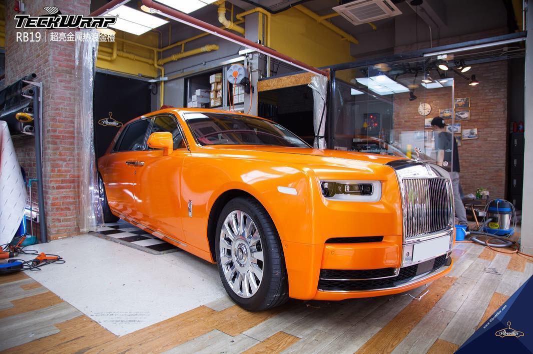 劳斯莱斯汽车改色贴膜teckwrap美国秃鹰rb19超亮金属热浪金橙香港出品