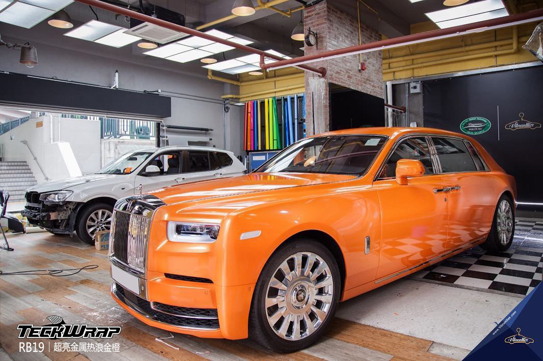 劳斯莱斯汽车改色贴膜teckwrap美国秃鹰rb19超亮金属热浪金橙香港出品