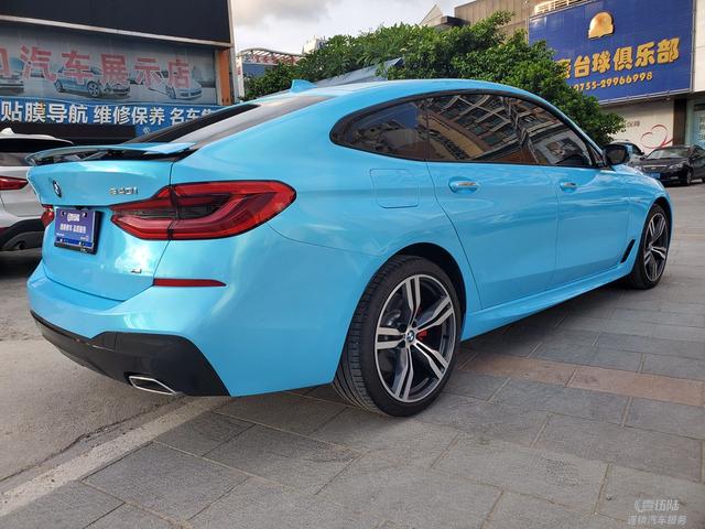 深圳汽车改色贴膜施工流程宝马6gt整车变身珊瑚天蓝