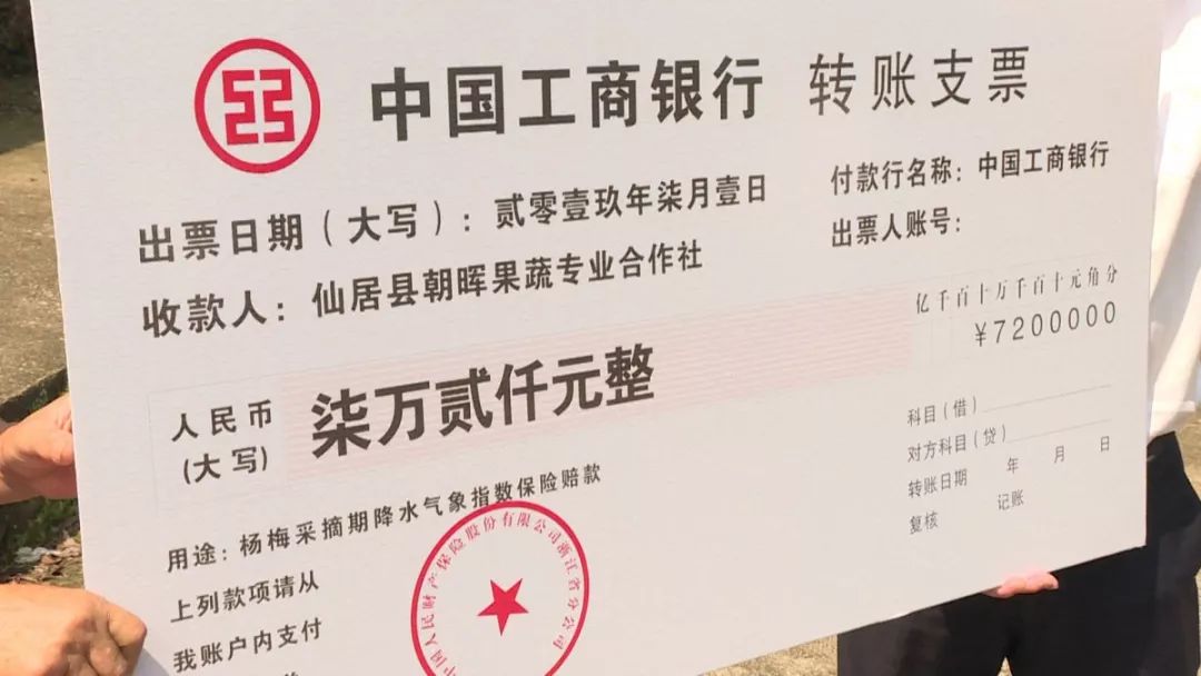 支票出现在小管面前,据了解,这也是到目前为止,今年仙居"杨梅保险"开