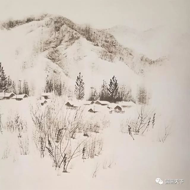 黑白雪景国画图片