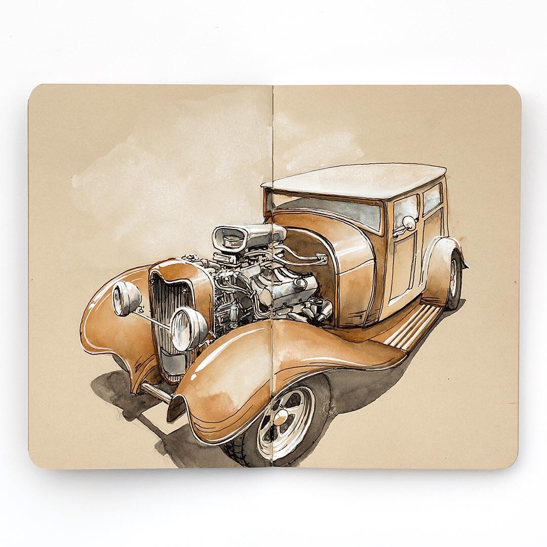 车迷才看得懂的水彩速写手账本上的汽车博物馆