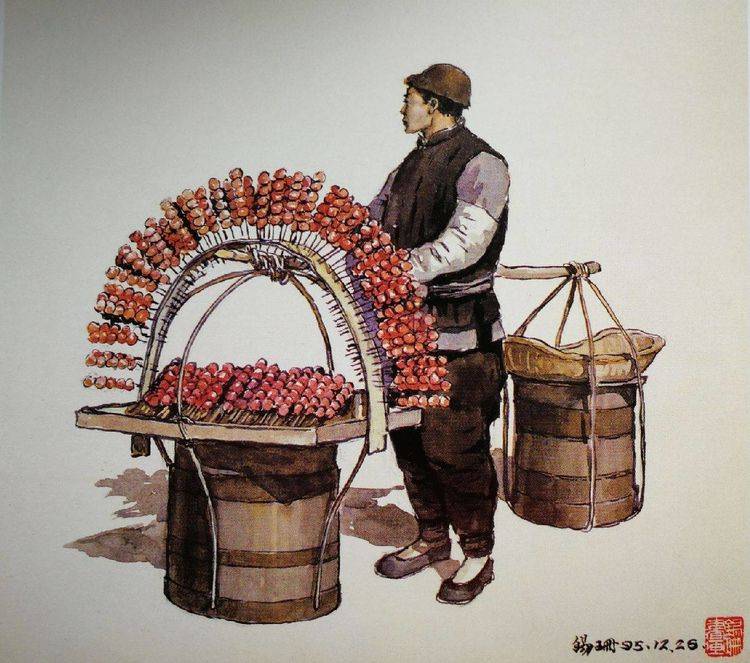 卖糖葫芦的——绝大部分是挑担下街,卖的是"粗的",就是把山楂穿在竹签