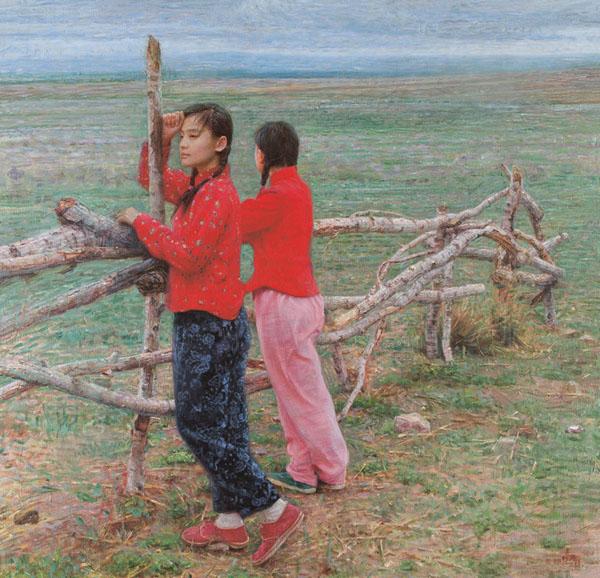 他的农村少女题材的系列油画散发着浓厚的时代气息