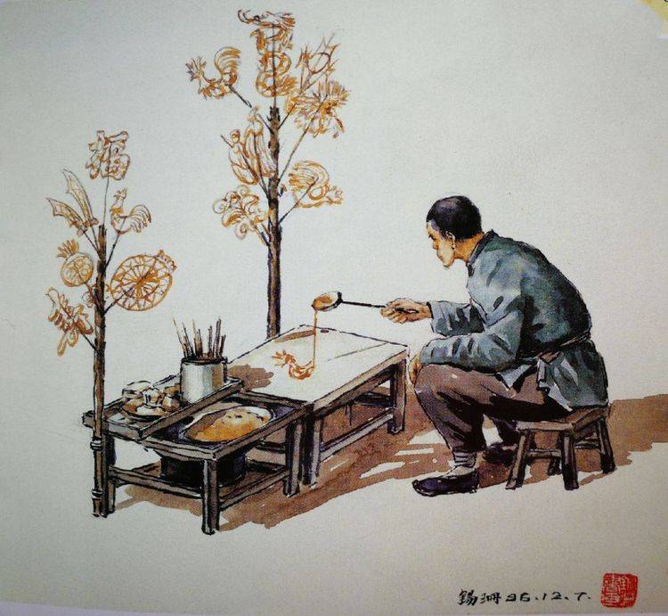 画糖的——一块石板,先用食油擦一下,然后,将麦芽糖稀(糖锅下面放一