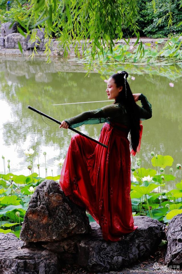 洛阳国花园荷花满塘清晨古装佳人赏荷舞剑