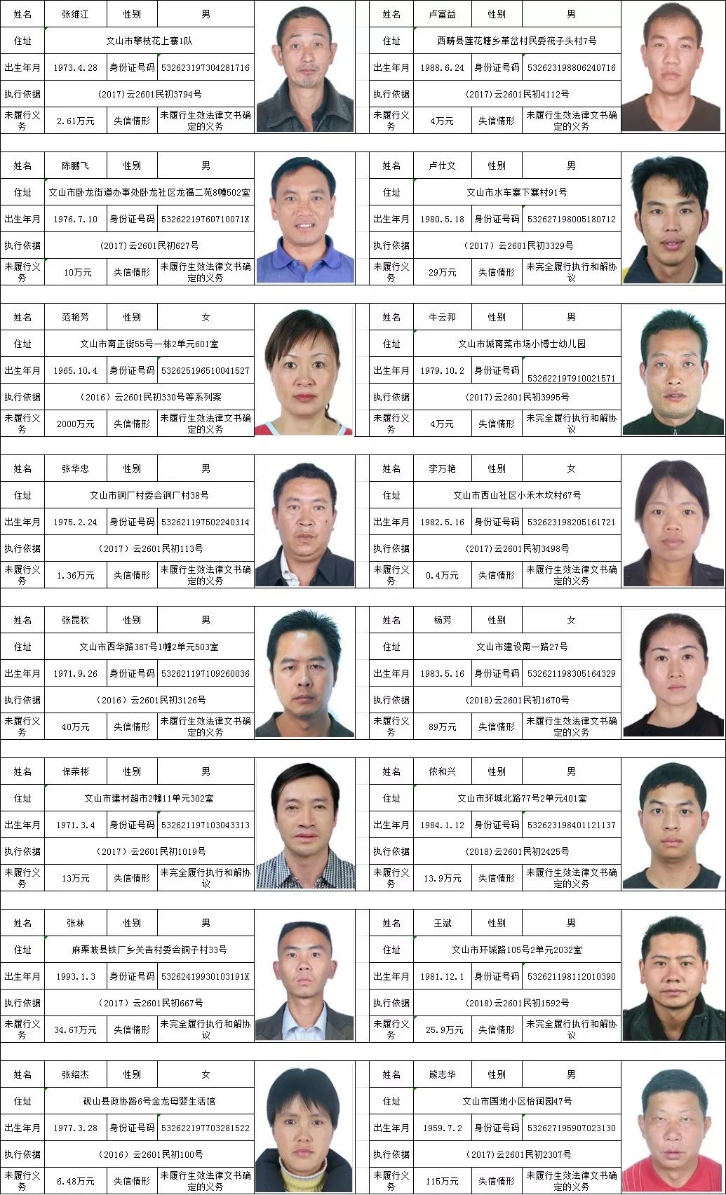文山最新失信人员曝光这回照片够清晰