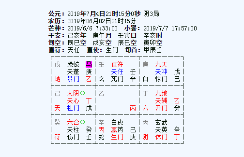 按靈心一動起局奇門遁甲排盤及推薦號碼落宮如下.雙色球2019077期分析