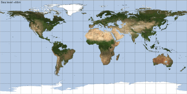 气候变暖导致全球的冰川全部融化,海平面上涨66米,我们的地球会长这样