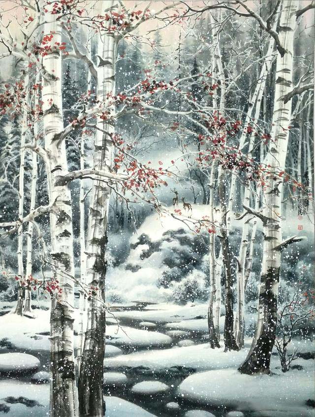 画家赵雅清创作白桦林雪景雪白的世界更像是人间仙境