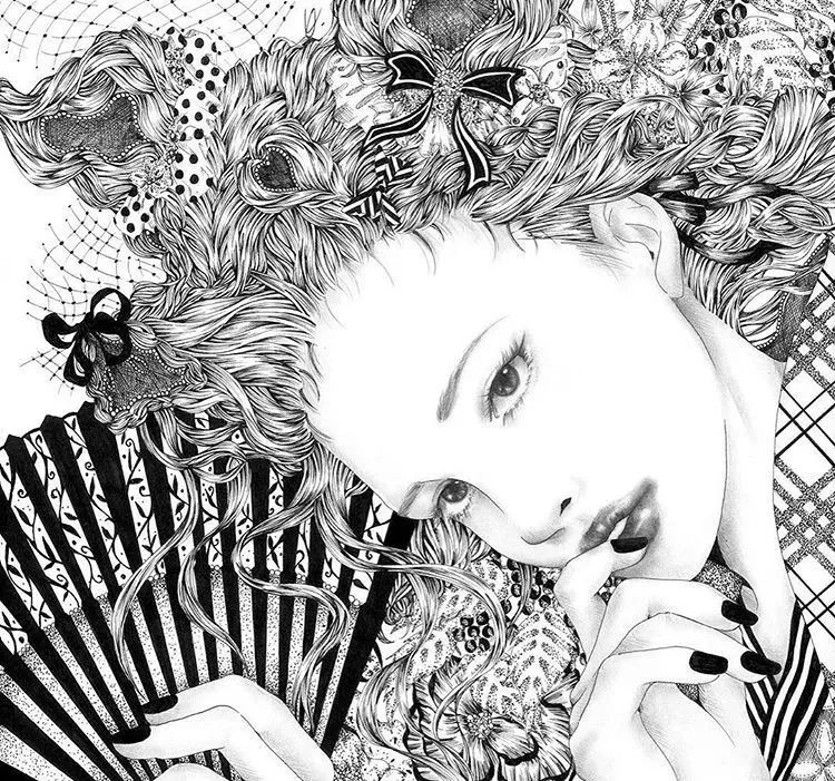 美的过分了日本插画师笔下的细密黑白线条小姐姐