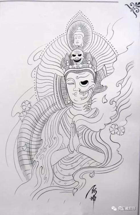 我是雕刻师佛像纹身素描线描雕刻素材手稿