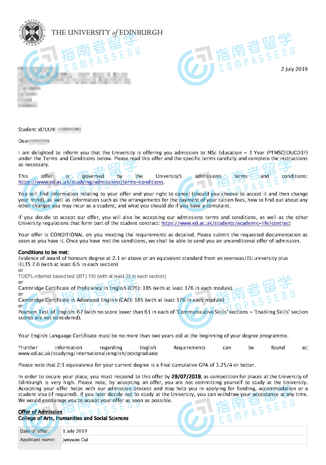 录取通知书爱丁堡大学教育学理学硕士项目为爱丁堡大学旗舰项目之一